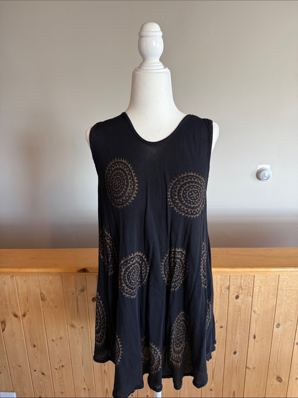 Flowy Black Tank Top with Bronze Circular Motif